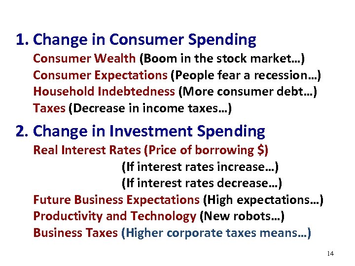 1. Change in Consumer Spending Consumer Wealth (Boom in the stock market…) Consumer Expectations