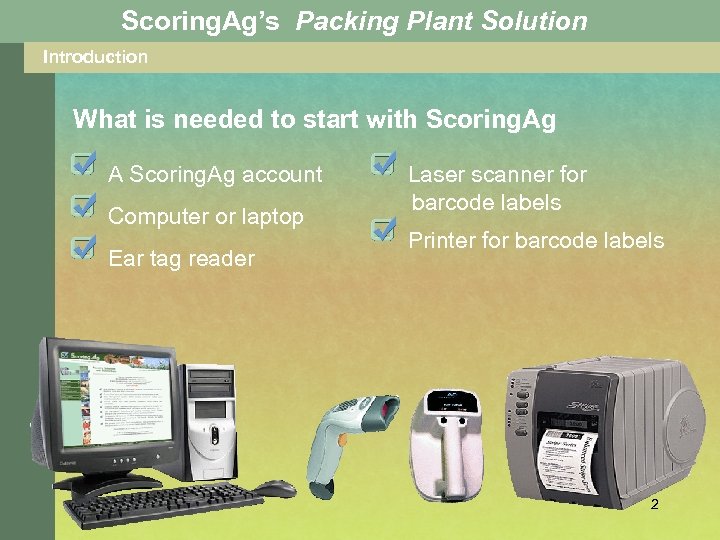 Scoring. Ag’s Packing Plant Solution Introduction What is needed to start with Scoring. Ag