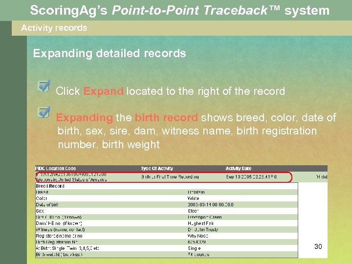 Scoring. Ag’s Point-to-Point Traceback™ system Activity records Expanding detailed records Click Expand located to