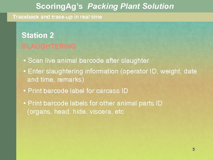 Scoring. Ag’s Packing Plant Solution Traceback and trace-up in real time Station 2 SLAUGHTERING