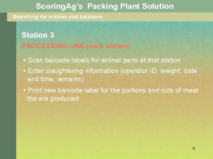 Scoring. Ag’s Packing Plant Solution Searching for entities and locations Station 3 PROCESSING LINE