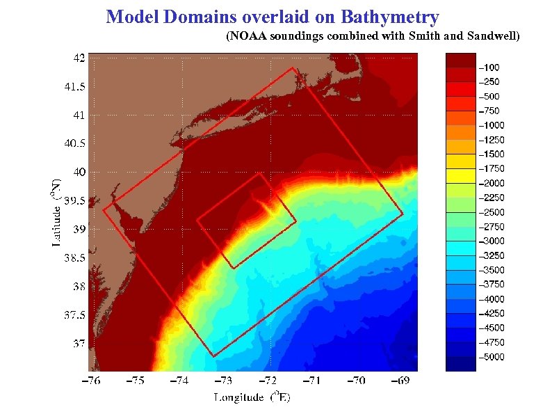 Model Domains overlaid on Bathymetry (NOAA soundings combined with Smith and Sandwell) 