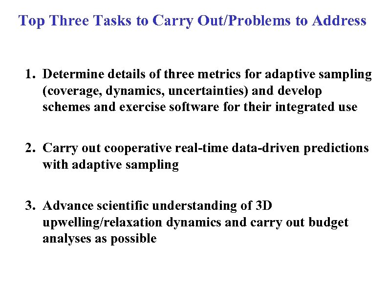 Top Three Tasks to Carry Out/Problems to Address 1. Determine details of three metrics