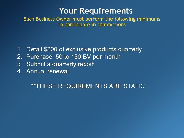 Your Requirements Each Business Owner must perform the following minimums to participate in commissions