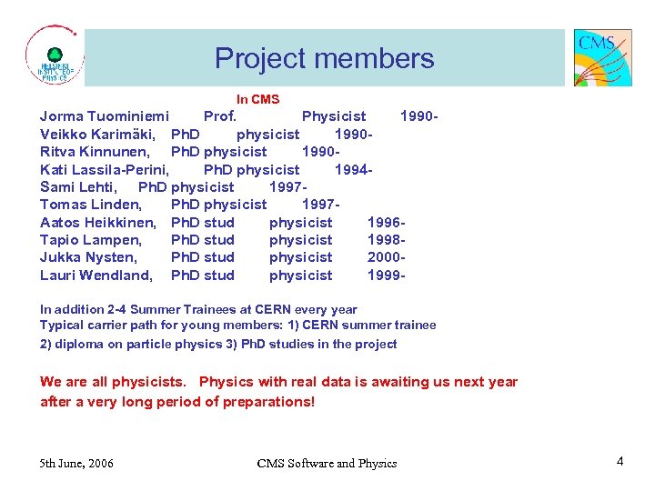 Project members In CMS Jorma Tuominiemi Prof. Physicist 1990 Veikko Karimäki, Ph. D physicist