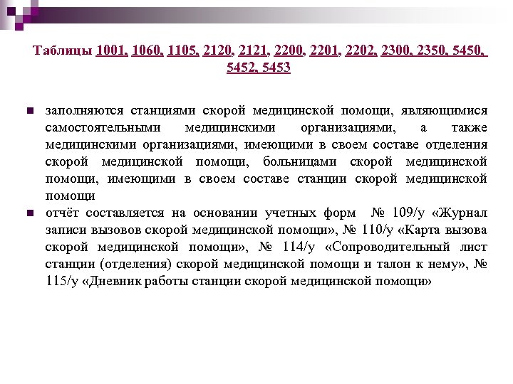 Таблицы 1001, 1060, 1105, 2120, 2121, 2200, 2201, 2202, 2300, 2350, 5450, 5452, 5453