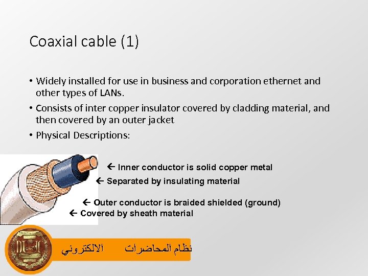 Coaxial cable (1) • Widely installed for use in business and corporation ethernet and