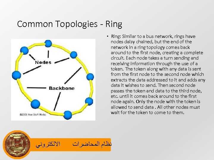 Common Topologies - Ring • Ring: Similar to a bus network, rings have nodes