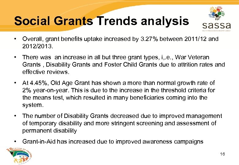 Social Grants Trends analysis • Overall, grant benefits uptake increased by 3. 27% between