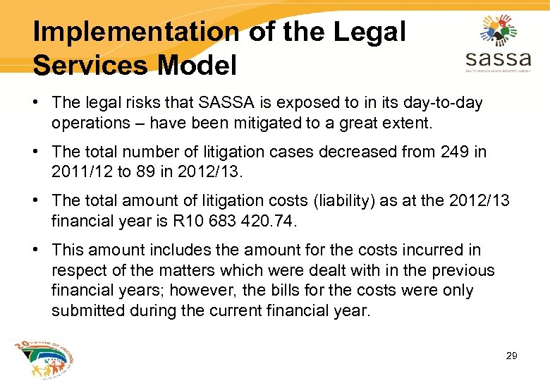 Implementation of the Legal Services Model • The legal risks that SASSA is exposed