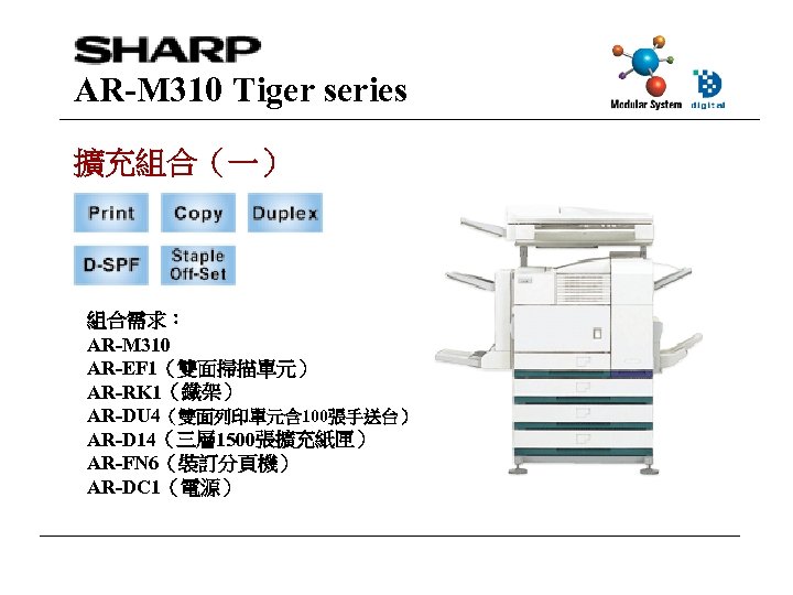 AR-M 310 Tiger series 擴充組合（一） 組合需求： AR-M 310 AR-EF 1（雙面掃描單元） AR-RK 1（鐵架） AR-DU 4（雙面列印單元含