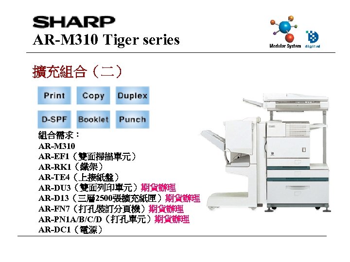 AR-M 310 Tiger series 擴充組合（二） 組合需求： AR-M 310 AR-EF 1（雙面掃描單元） AR-RK 1（鐵架） AR-TE 4（上接紙盤）