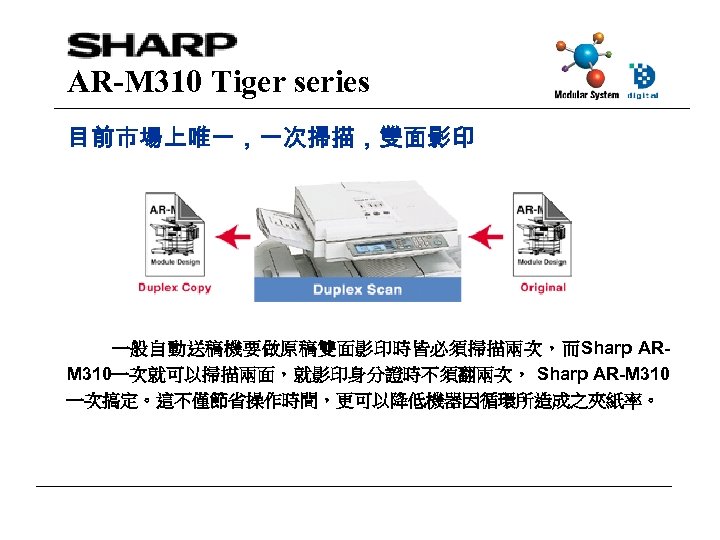 AR-M 310 Tiger series 目前市場上唯一，一次掃描，雙面影印 一般自動送稿機要做原稿雙面影印時皆必須掃描兩次，而Sharp ARM 310一次就可以掃描兩面，就影印身分證時不須翻兩次， Sharp AR-M 310 一次搞定。這不僅節省操作時間，更可以降低機器因循環所造成之夾紙率。 