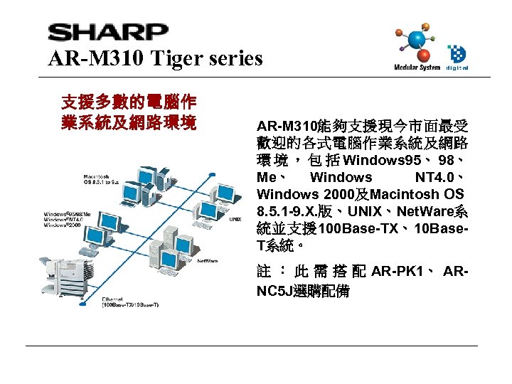 AR-M 310 Tiger series 支援多數的電腦作 業系統及網路環境 AR-M 310能夠支援現今市面最受 歡迎的各式電腦作業系統及網路 環 境 ， 包 括