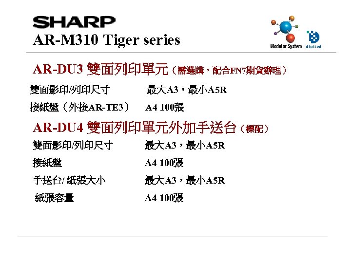 AR-M 310 Tiger series AR-DU 3 雙面列印單元（需選購，配合FN 7期貨辦理） 雙面影印/列印尺寸 最大A 3，最小A 5 R 接紙盤（外接AR-TE