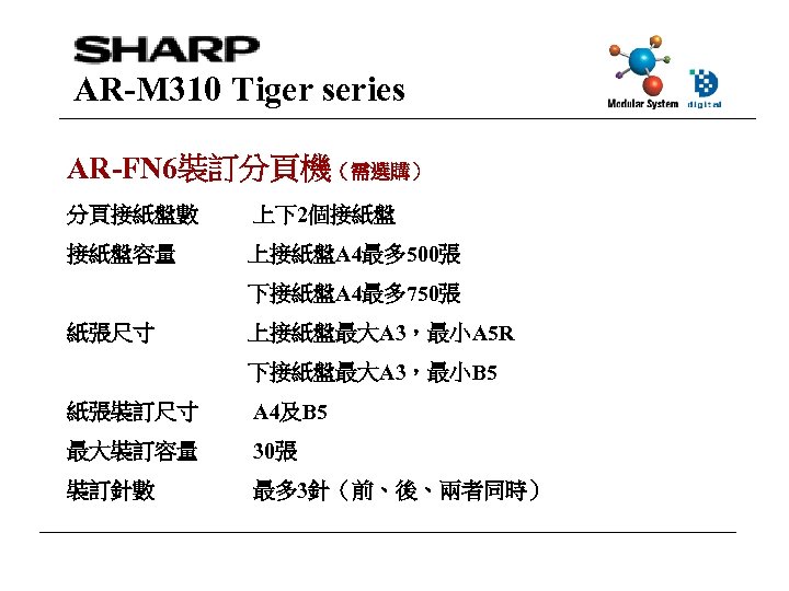 AR-M 310 Tiger series AR-FN 6裝訂分頁機（需選購） 分頁接紙盤數 上下2個接紙盤 接紙盤容量 上接紙盤A 4最多 500張 下接紙盤A 4最多