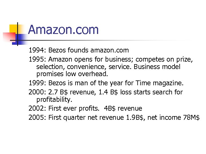 Amazon. com 1994: Bezos founds amazon. com 1995: Amazon opens for business; competes on