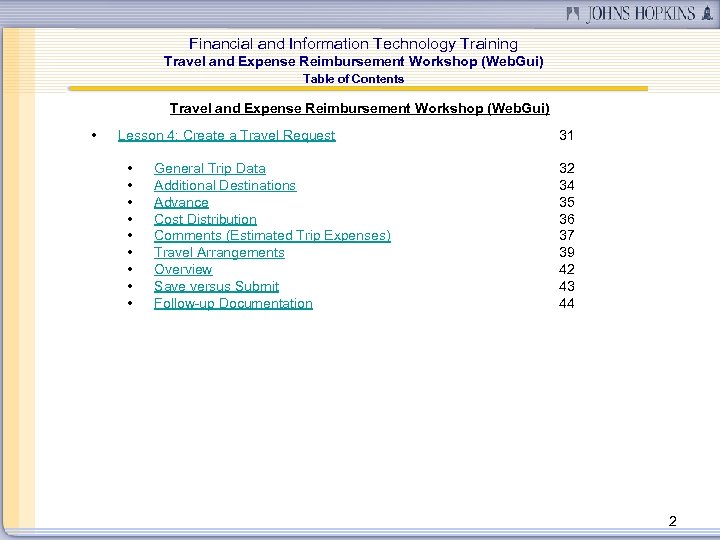 Financial and Information Technology Training Travel and Expense Reimbursement Workshop (Web. Gui) Table of