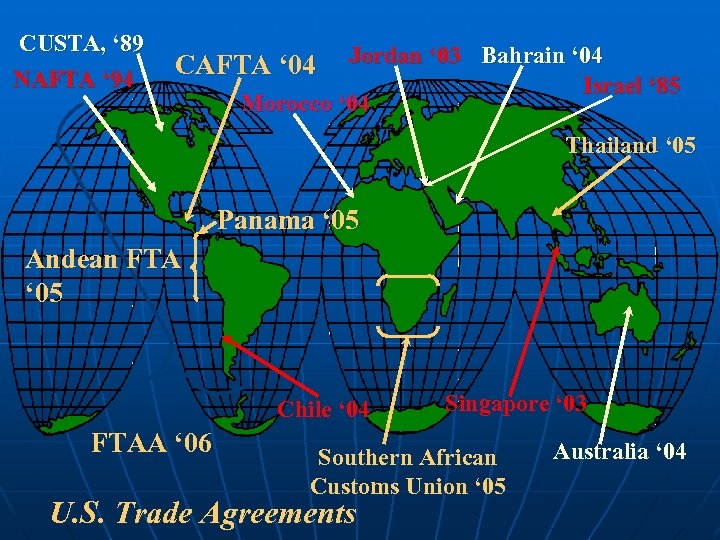 CUSTA, ‘ 89 NAFTA ‘ 94 Jordan ‘ 03 Bahrain ‘ 04 Israel ‘