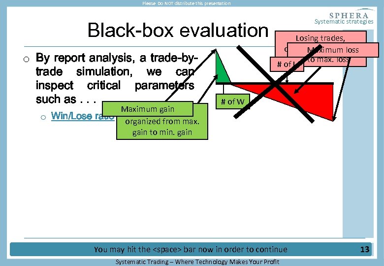 Please Do NOT distribute this presentation Black-box evaluation o By report analysis, a trade-bytrade
