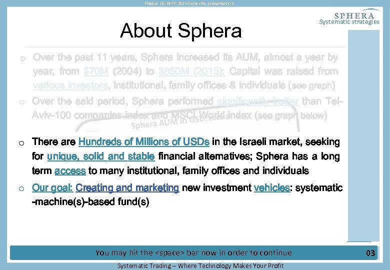Please Do NOT distribute this presentation About Sphera Systematic strategies o Over the past