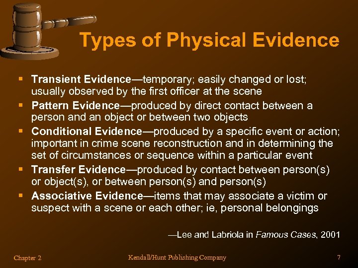 Types of Physical Evidence § Transient Evidence—temporary; easily changed or lost; usually observed by