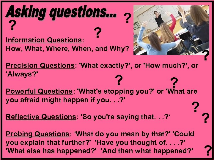 ? ? ? Information Questions: How, What, Where, When, and Why? Precision Questions: 'What