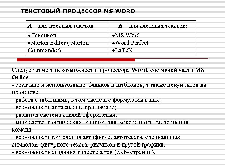 ТЕКСТОВЫЙ ПРОЦЕССОР MS WORD А – для простых текстов: Лексикон Norton Editor ( Norton