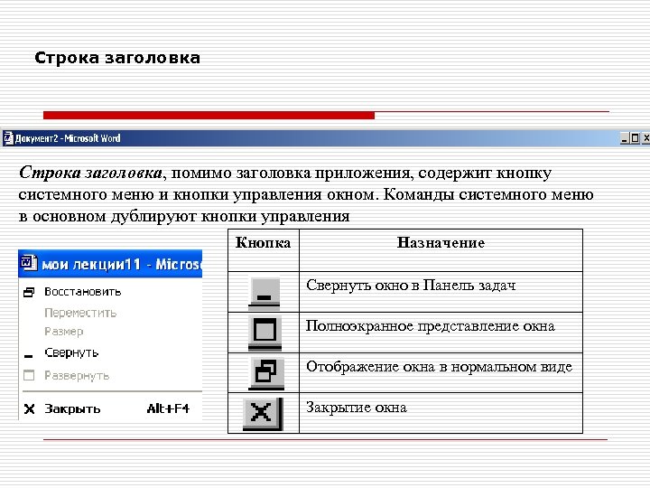 Строка заголовка, помимо заголовка приложения, содержит кнопку системного меню и кнопки управления окном. Команды