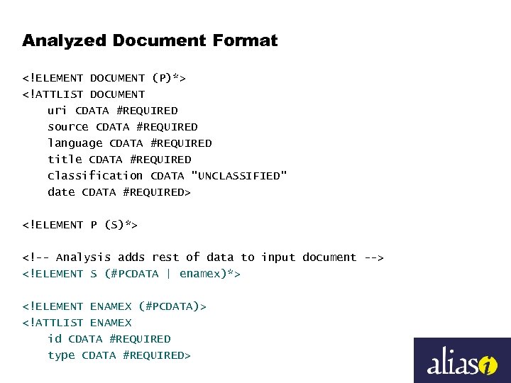 Analyzed Document Format <!ELEMENT DOCUMENT (P)*> <!ATTLIST DOCUMENT uri CDATA #REQUIRED source CDATA #REQUIRED