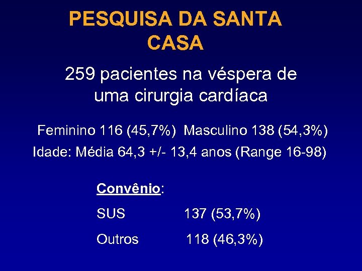 PESQUISA DA SANTA CASA 259 pacientes na véspera de uma cirurgia cardíaca Feminino 116