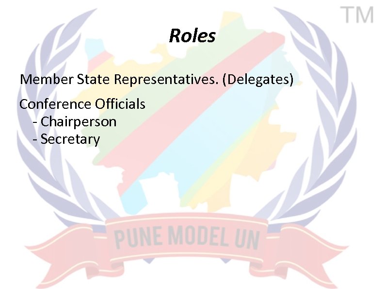 Roles Member State Representatives. (Delegates) Conference Officials - Chairperson - Secretary 