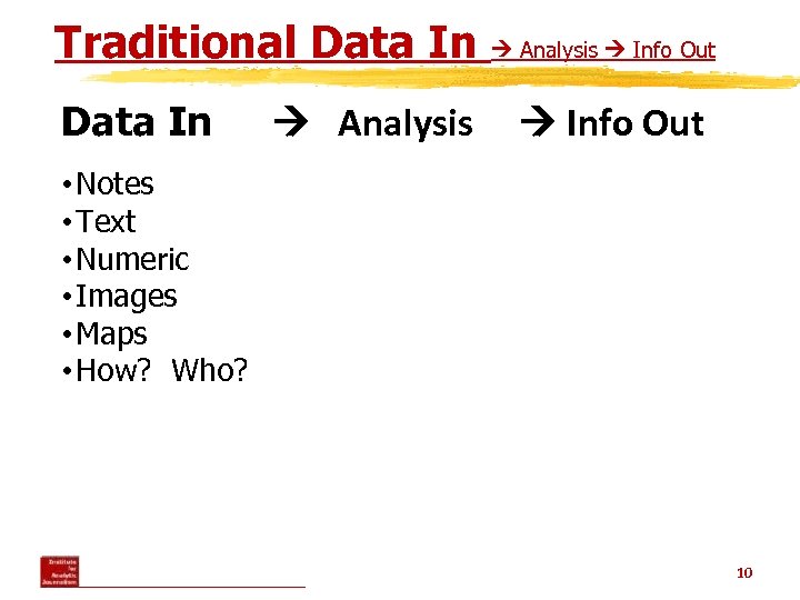 Traditional Data In Analysis Info Out • Notes • Text • Numeric • Images