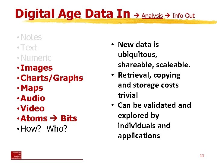 Digital Age Data In • Notes • Text • Numeric • Images • Charts/Graphs