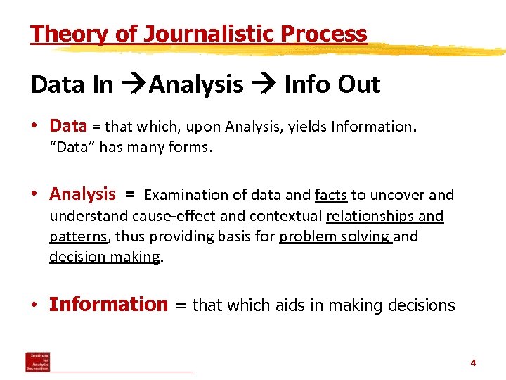 Theory of Journalistic Process Data In Analysis Info Out • Data = that which,