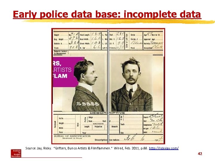Early police data base: incomplete data Source: Jay, Ricky. “Grifters, Bunco Artists & Flimflammen.