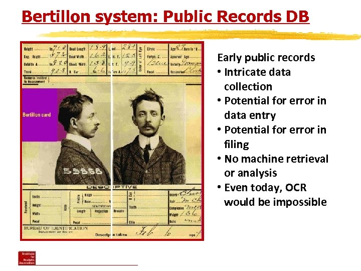 Bertillon system: Public Records DB Early public records • Intricate data collection • Potential