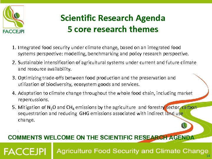 Scientific Research Agenda 5 core research themes 1. Integrated food security under climate change,