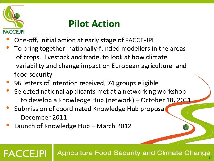 Pilot Action • • • One-off, initial action at early stage of FACCE-JPI To