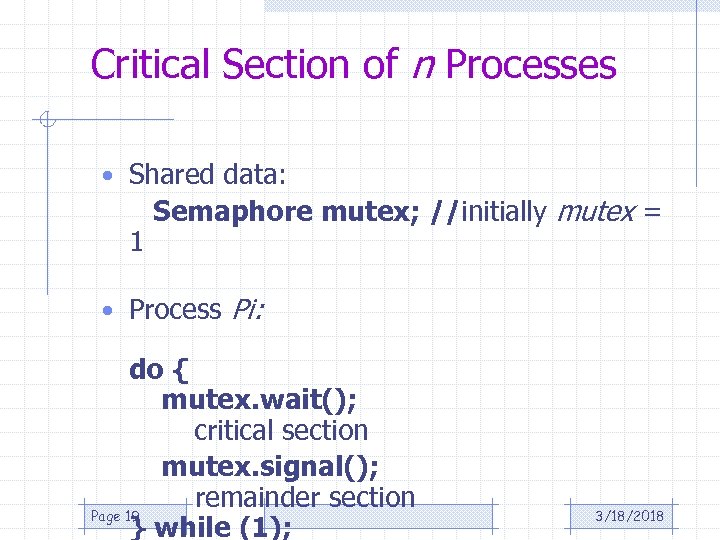 Critical Section of n Processes • Shared data: 1 Semaphore mutex; //initially mutex =