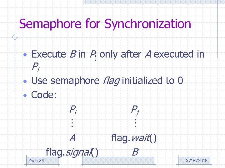 Semaphore for Synchronization • Execute B in Pj only after A executed in Pi