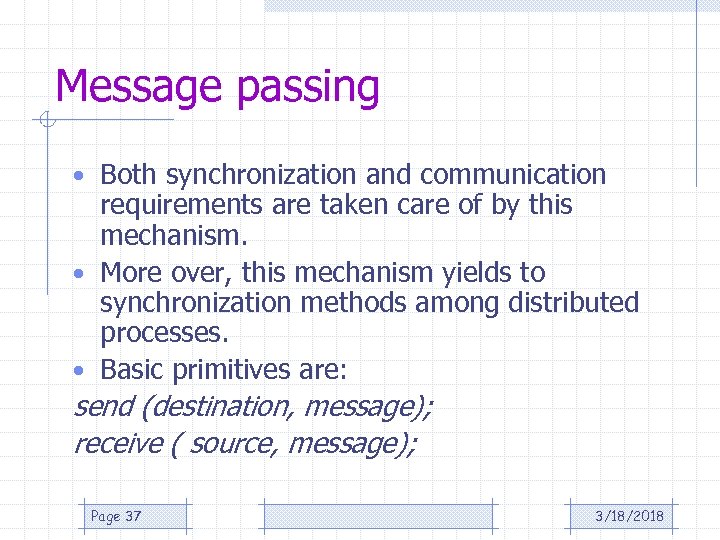 Message passing • Both synchronization and communication requirements are taken care of by this