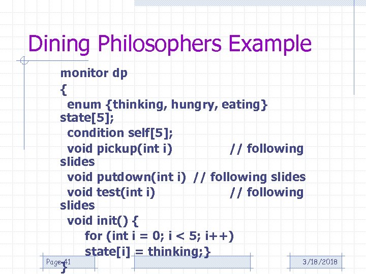 Dining Philosophers Example monitor dp { enum {thinking, hungry, eating} state[5]; condition self[5]; void