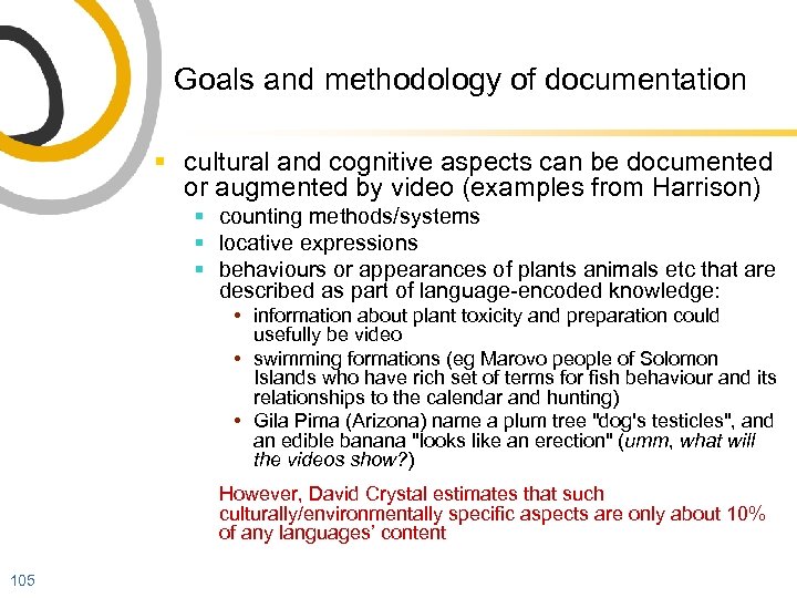 Goals and methodology of documentation § cultural and cognitive aspects can be documented or