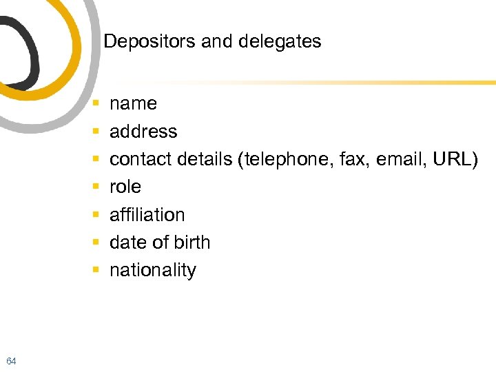 Depositors and delegates § § § § 64 name address contact details (telephone, fax,