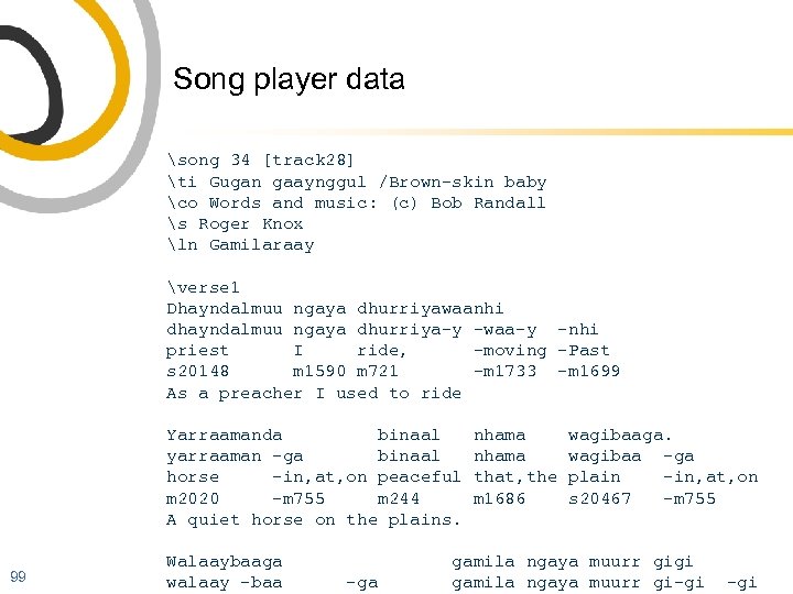 Song player data song 34 [track 28] ti Gugan gaaynggul /Brown-skin baby co Words