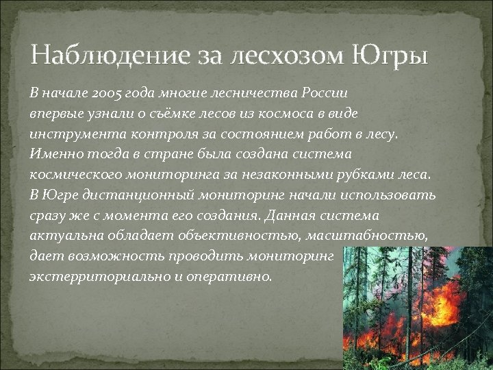Наблюдение за лесхозом Югры В начале 2005 года многие лесничества России впервые узнали о