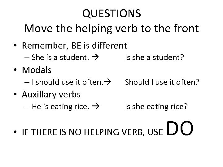 QUESTIONS Move the helping verb to the front • Remember, BE is different –