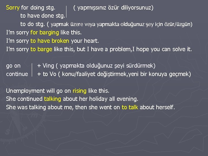 Sorry for doing stg. ( yapmışsınız özür diliyorsunuz) to have done stg. to do