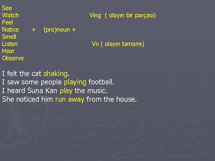 See Watch Feel Notice Smell Listen Hear Observe Ving ( olayın bir parçası) +